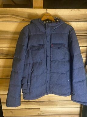 Levi's Men's Dark Blue denim Hooded Quilted Puffer Jacket size medium